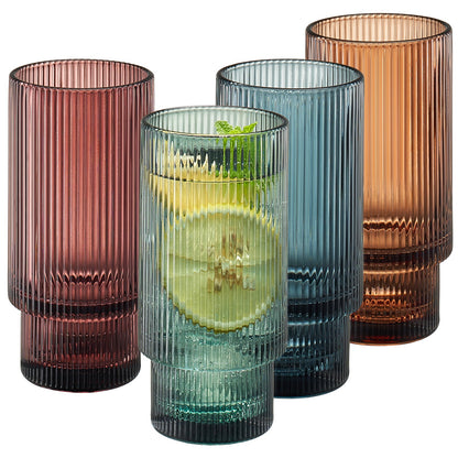 Vintage-Inspired Tonal Ribbed Highball Glasses - Set of 4