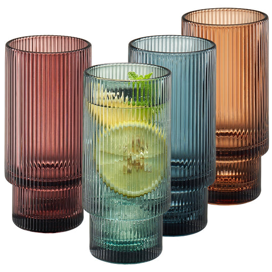 Vintage-Inspired Tonal Ribbed Highball Glasses - Set of 4