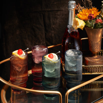 Vintage-Inspired Tonal Ribbed Highball Glasses - Set of 4