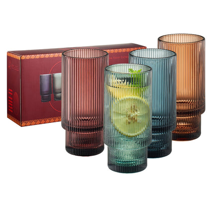Vintage-Inspired Tonal Ribbed Highball Glasses - Set of 4