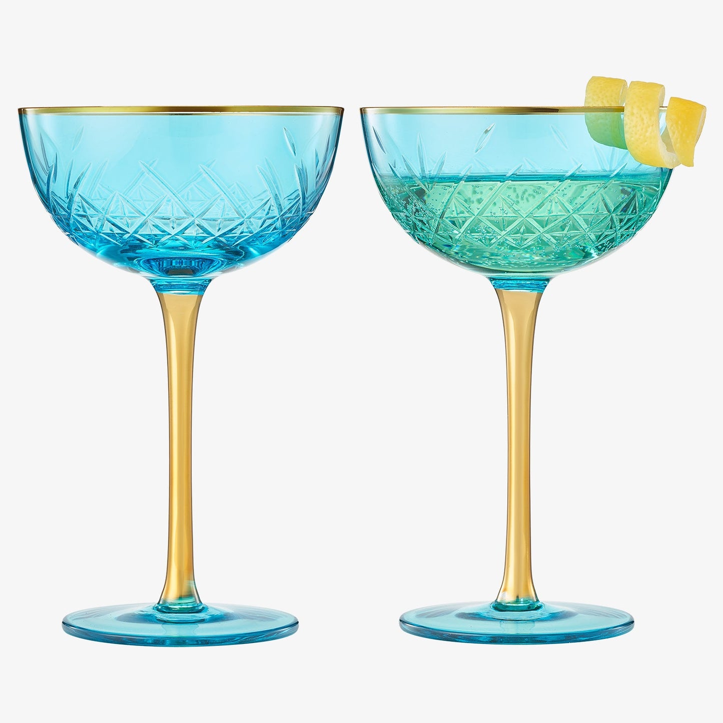 Bellissimo Crystal Champagne Coupes Set of 2 | Blue Cocktail Glassware | Khen