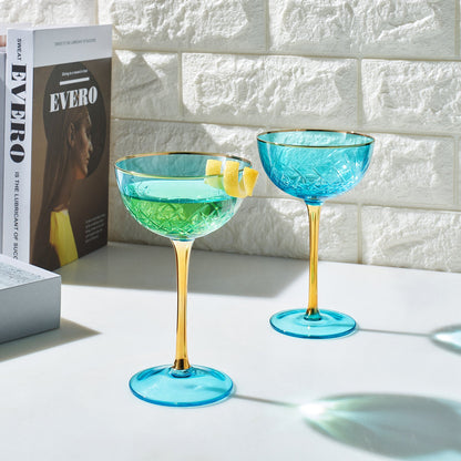 Bellissimo Crystal Champagne Coupes Set of 2 | Blue Cocktail Glassware | Khen