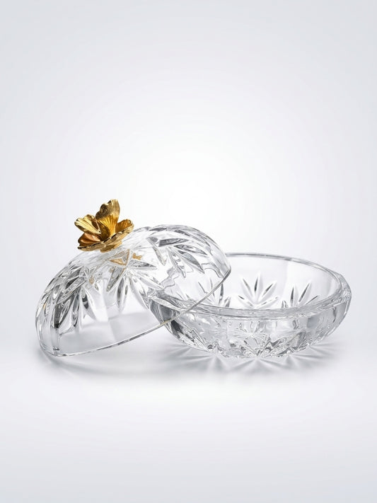 Vintage Cut Crystal Lidded Candy Dish with Gilded Brass Floral Finial (4″ × 3.5″)