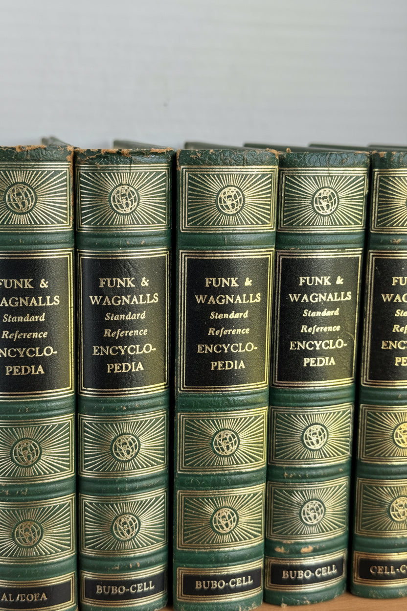  Detail shot of vintage Funk and Wagnalls encyclopedia spine compartments showing intricate gold foil filigree sunburst accents and globe motifs on forest green leatherette binding with authentic vintage patina