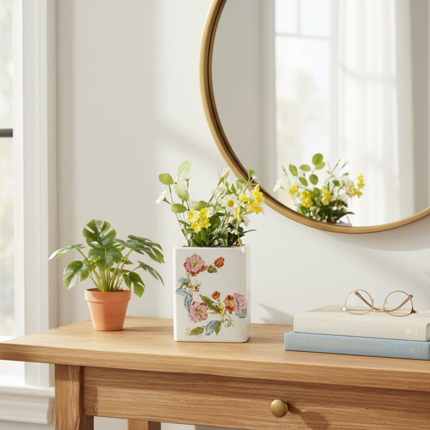 Floral ceramic planter with yellow and pink flowers, displayed on wooden table beside a small green plant.