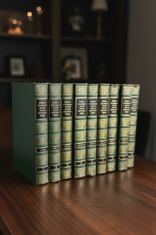 Ten-volume set of vintage 1962 Funk and Wagnalls Standard Reference Encyclopedia standing upright on dark walnut surface with moody library background, showing deep forest green leatherette spines with heavy gold foil globe and filigree sunburst embossing
