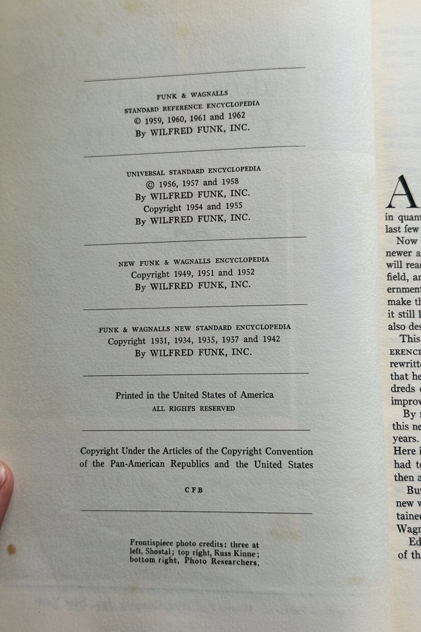 Copyright page of vintage 1962 Funk and Wagnalls Standard Reference Encyclopedia showing copyright runs from 1931 through 1962 by Wilfred Funk Inc printed in the United States of America
