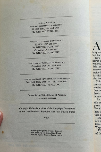 Copyright page of vintage 1962 Funk and Wagnalls Standard Reference Encyclopedia showing copyright runs from 1931 through 1962 by Wilfred Funk Inc printed in the United States of America