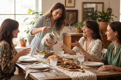 Decorative ceramic pitcher with floral design being used amongst friends for a lunch gathering