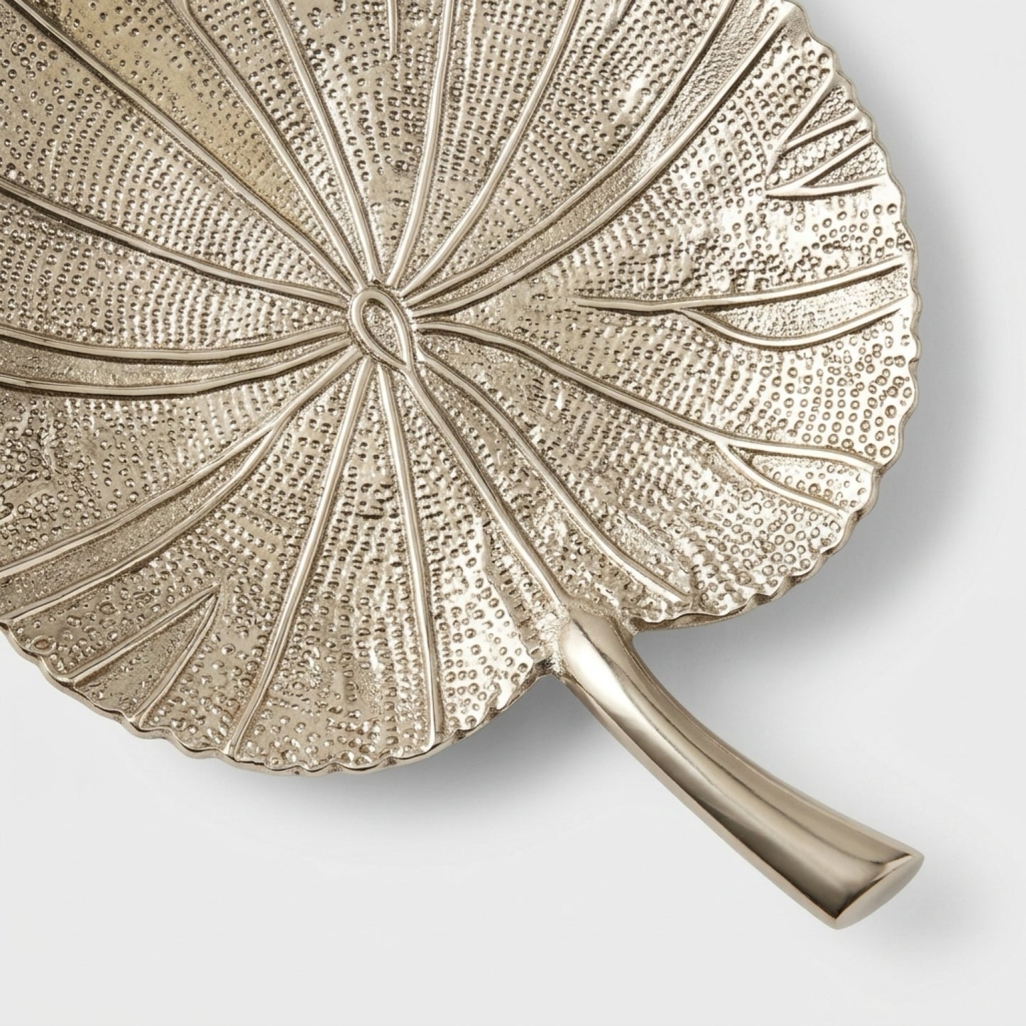 Decorative leaf-shaped plate with textured surface and handle on a white background
