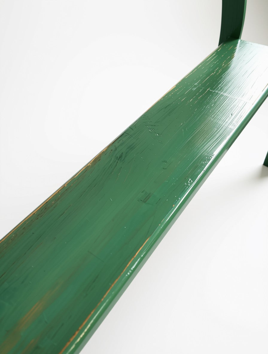 Detailed shot of the lower display shelf of a solid wood console table, finished in a saturated Park Bench Green paint showing subtle, rustic wood texture underneath.