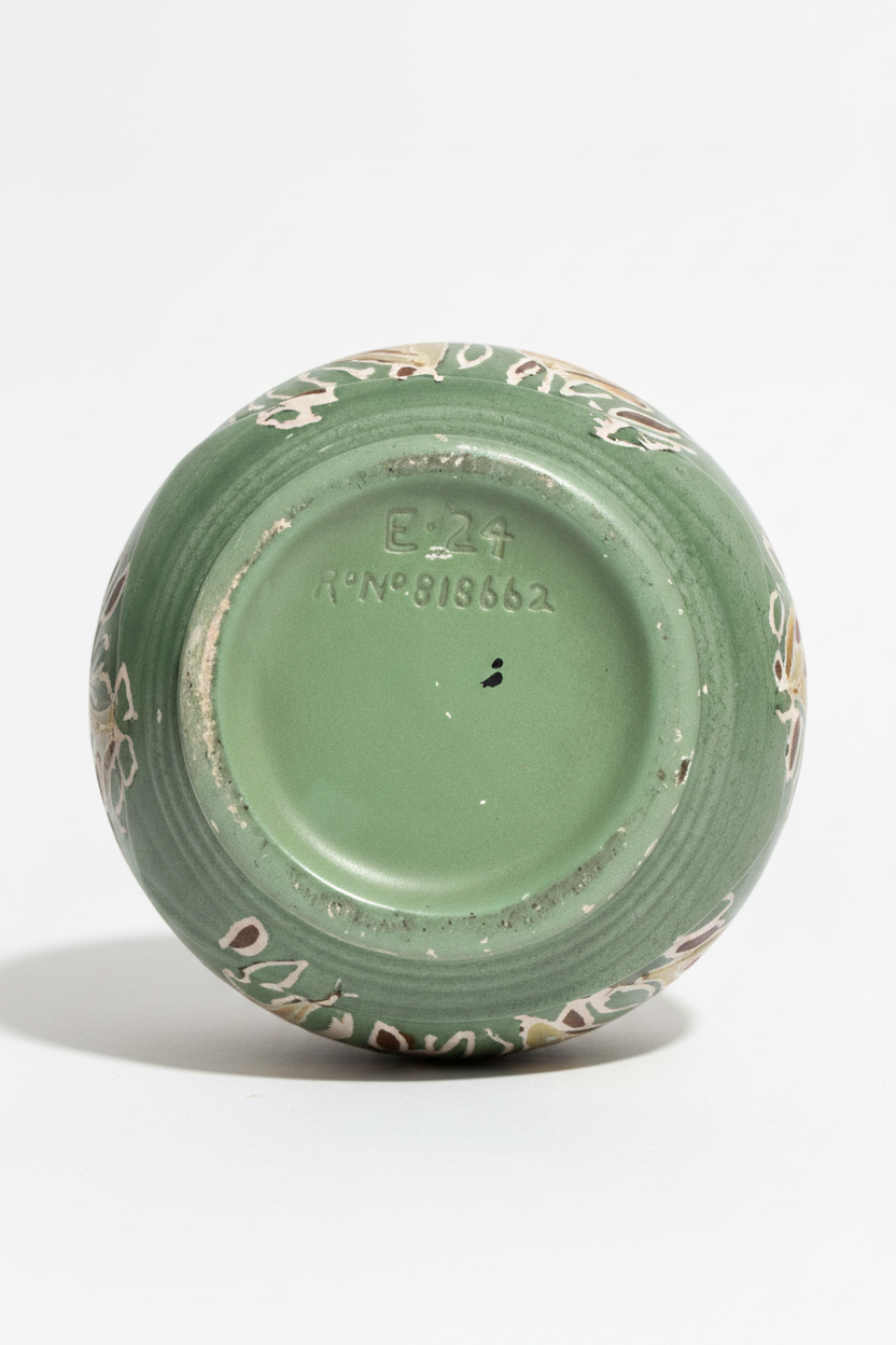 Directly overhead view of the underside of a sage green ceramic vase. The unglazed circular base rim surrounds a smooth green center featuring clearly debossed registry marks that read "E-24" and "R° N° 818662".