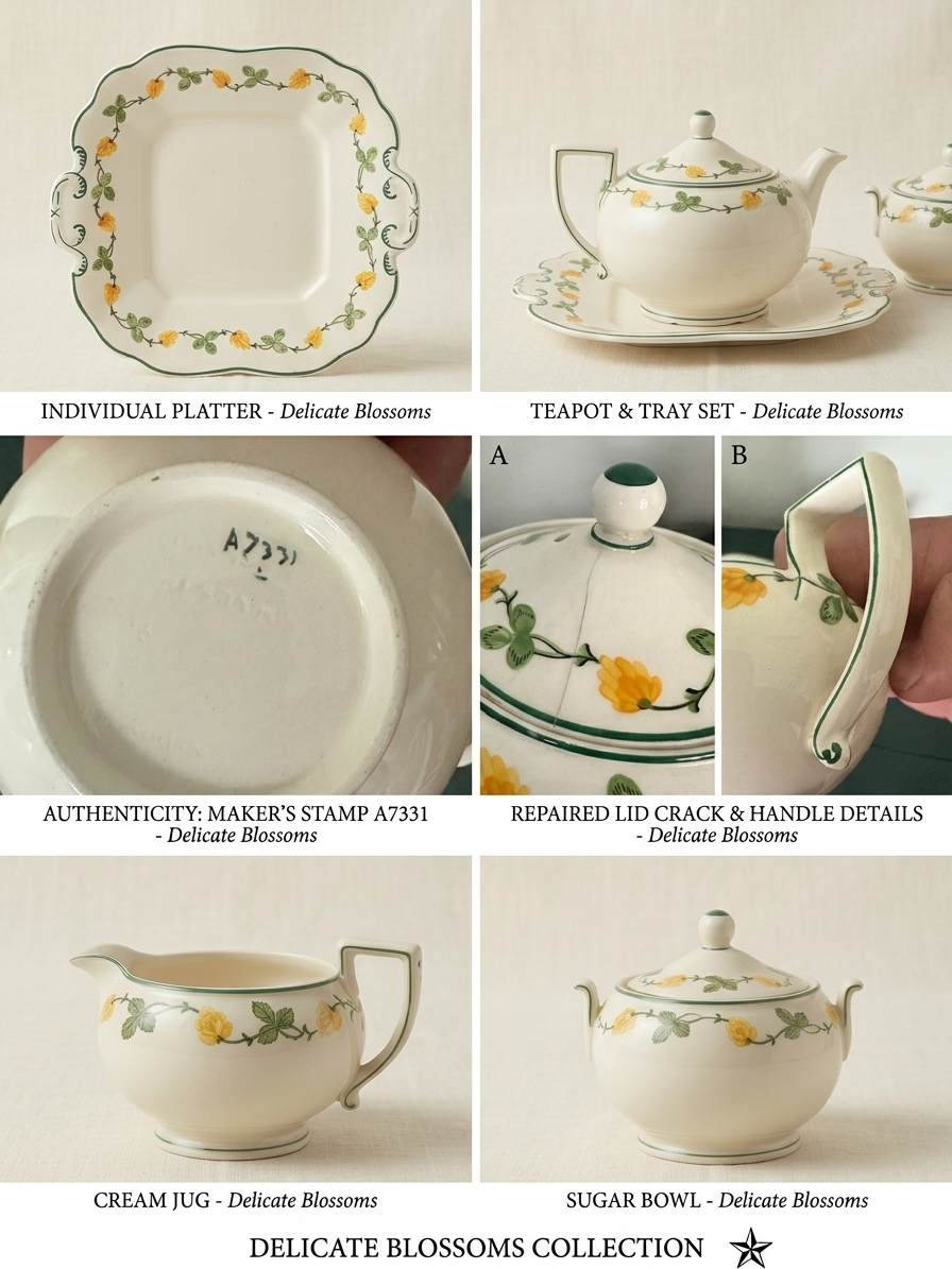 Rare 1930s Susie Cooper Delicate Blossoms Tea Set with Scalloped