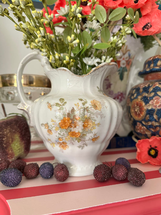 Hand‑Painted English Floral Porcelain Pitcher with Scalloped Rim & Gold Trim