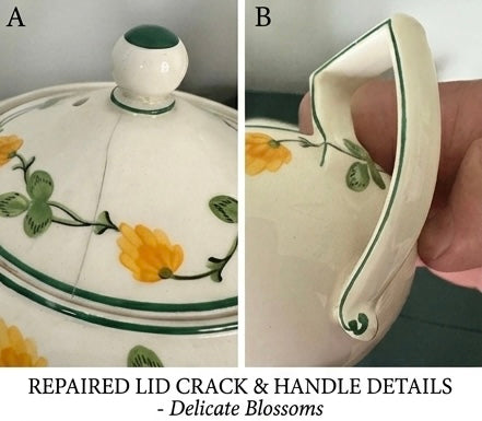 Close-up of a ceramic dish with a repaired lid crack and handle, featuring delicate floral patterns.