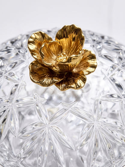 Vintage Cut Crystal Lidded Candy Dish with Gilded Brass Floral Finial (4″ × 3.5″)