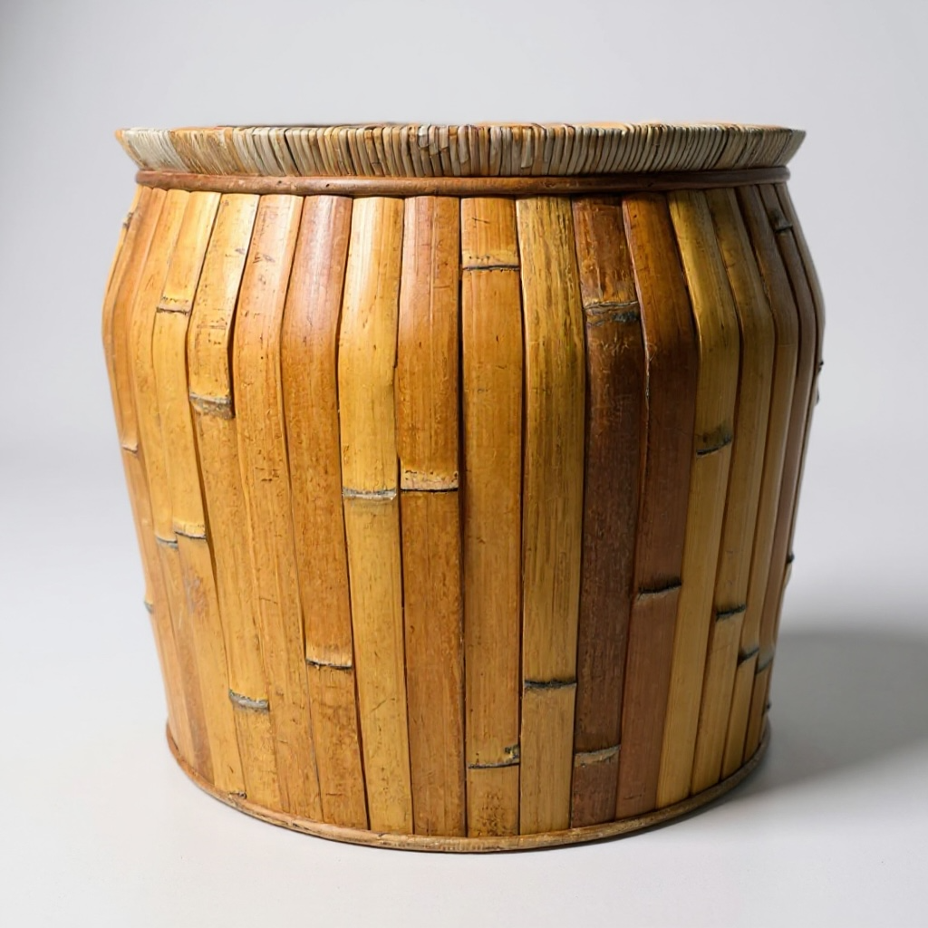Wooden barrel with a woven pattern on a white background