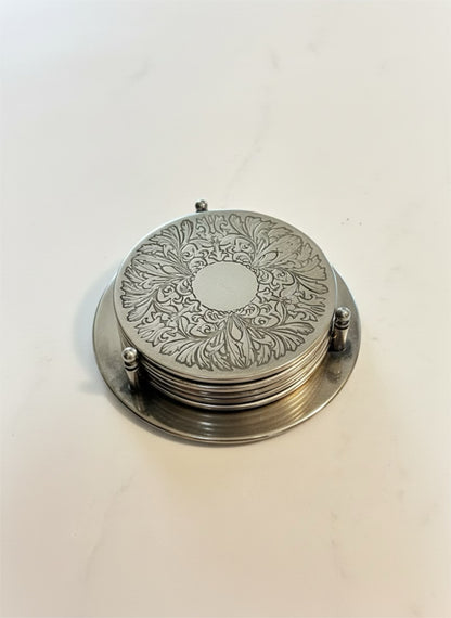 Vintage Silver-Plated Filigree Coaster Set with Gallery Caddy | Hollywood Regency Barware