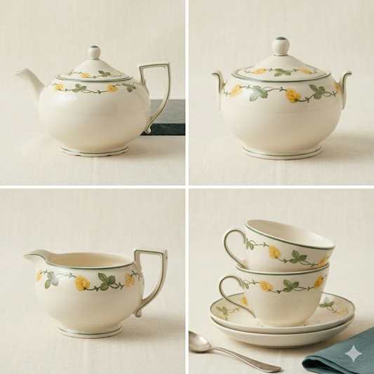 Set of ceramic teaware with floral design on a neutral background