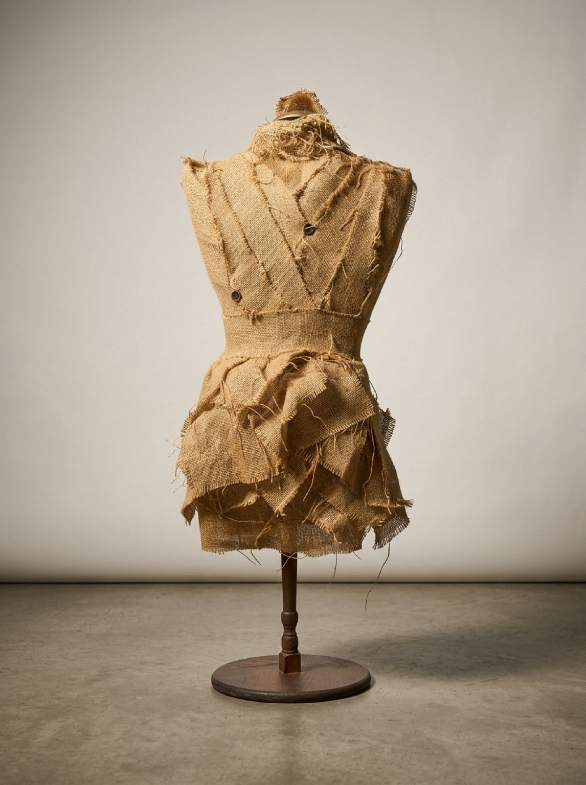  Back of burlap dress form sculpture with overlapping raw-edged fabric, button details, and turned wooden stand.