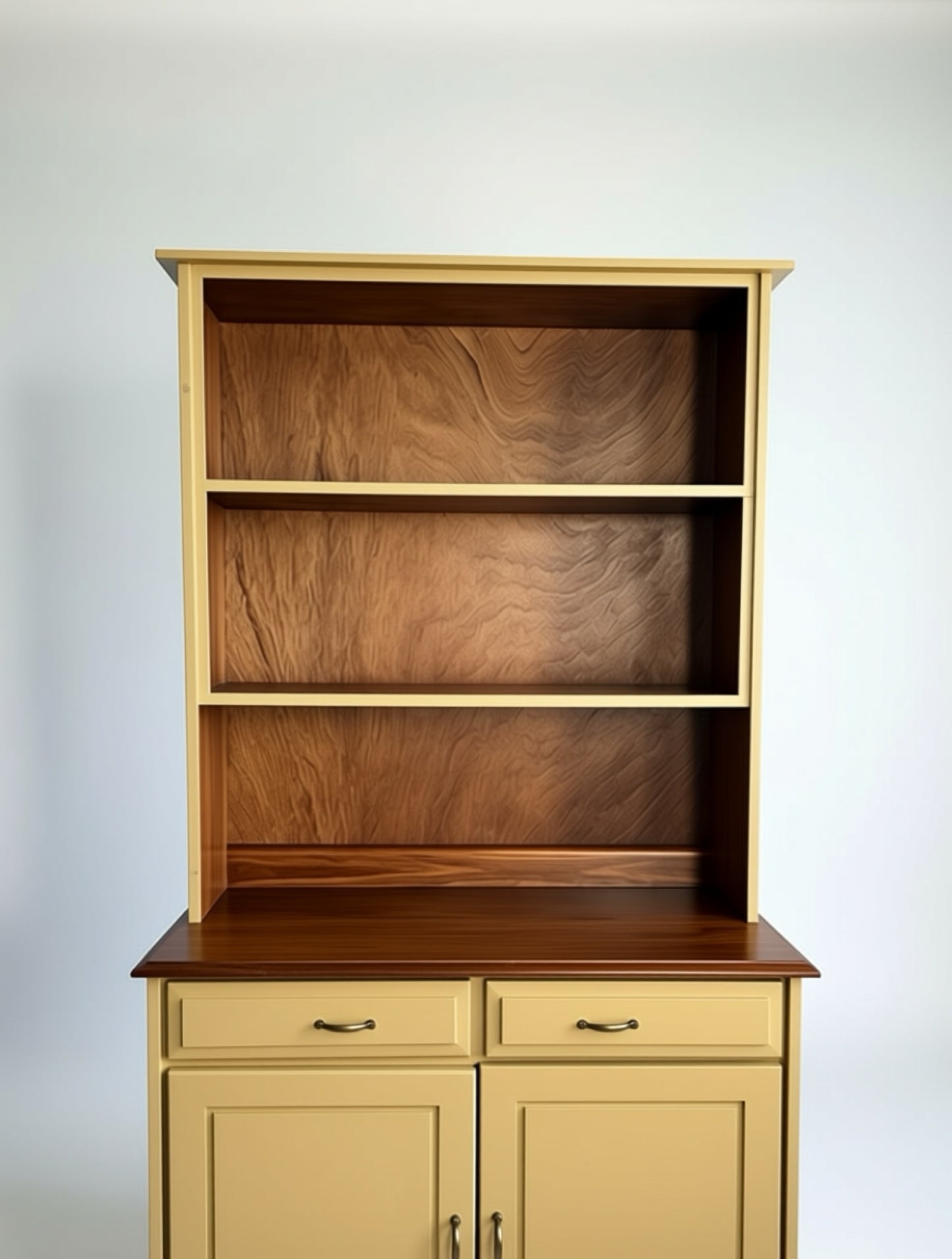 Two-piece yellow breakfront with open wood-backed shelves and lower drawers, styled in a cozy living room with a sofa, artwork, and patterned rug.