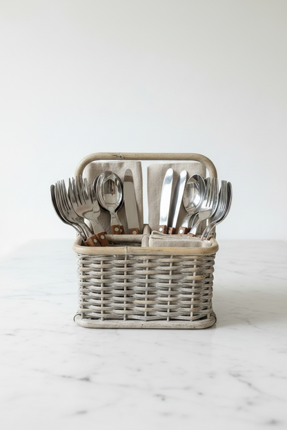 Front-facing view of a 10x8x8 inch vintage gray-washed woven rattan silverware basket styled with wood-handled forks, spoons, knives, and neutral linen napkins on a white marble surface.