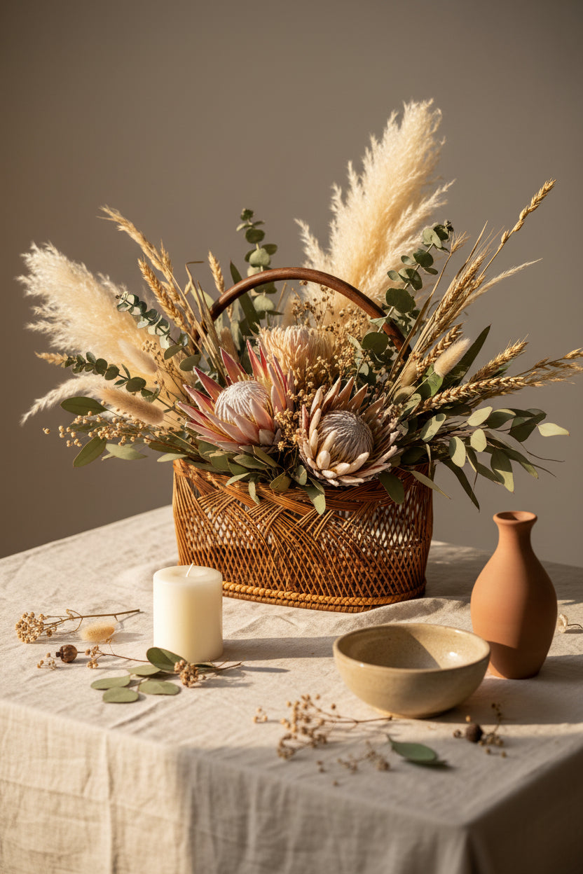 Front view of a vintage mid-century Japanese bamboo Hanakago flower basket featuring a boat-shaped silhouette and a dramatic high-arching bentwood handle against a crisp white background.
