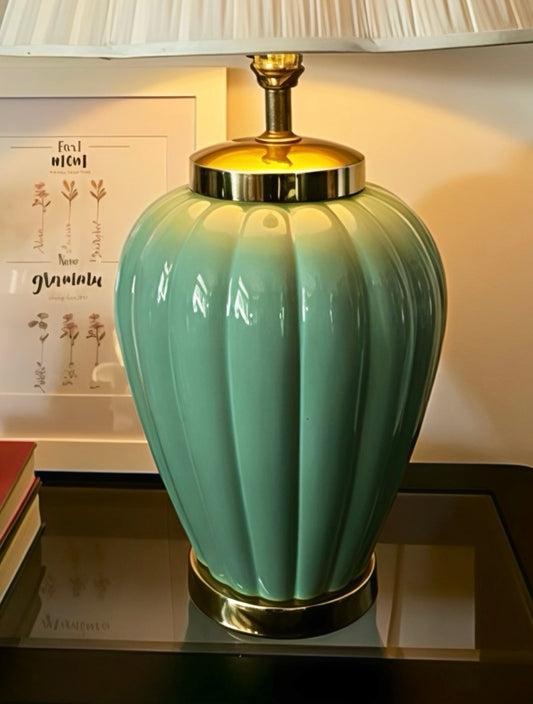 Vintage Pleated Shade Table Lamp – Teal Ribbed Ceramic Base with Gold Accents (32”H × 18”W)