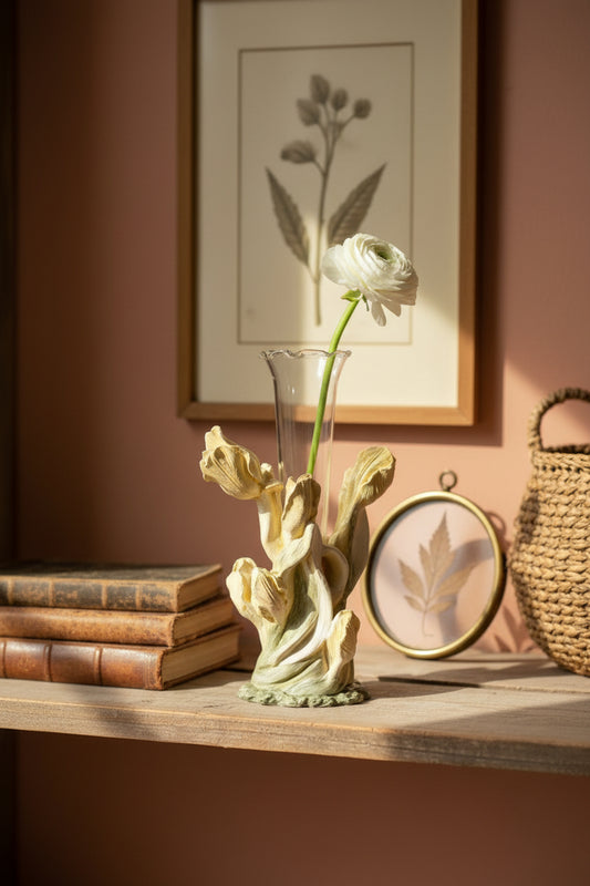 Glass vase with decorative yellow and green base on a book shelf with vintage decor and vintage art on the wall
