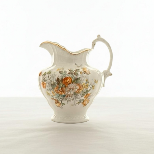 Hand‑Painted English Floral Porcelain Pitcher with Scalloped Rim & Gold Trim