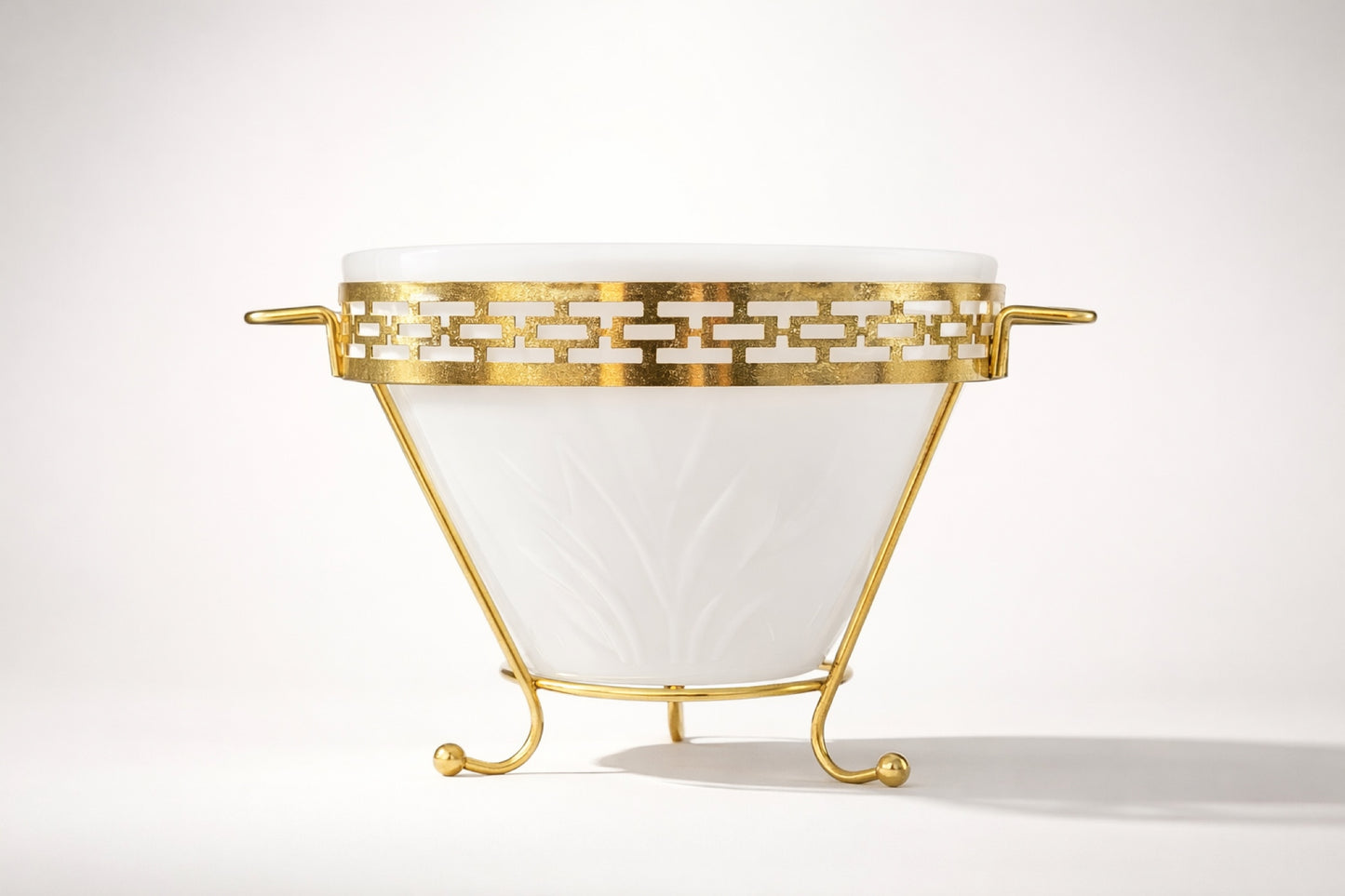 Mid-Century Brass Ice Pail with White Milk Glass Cattail Liner | Vintage Barware