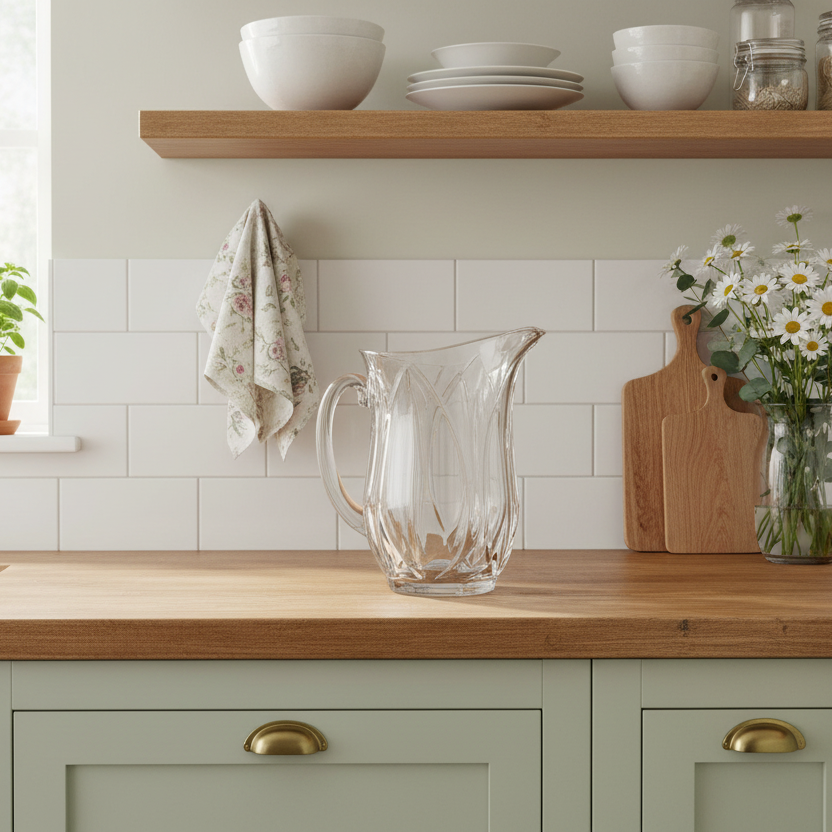 Kitchen counter with wooden shelves, plants, and a pitcher.