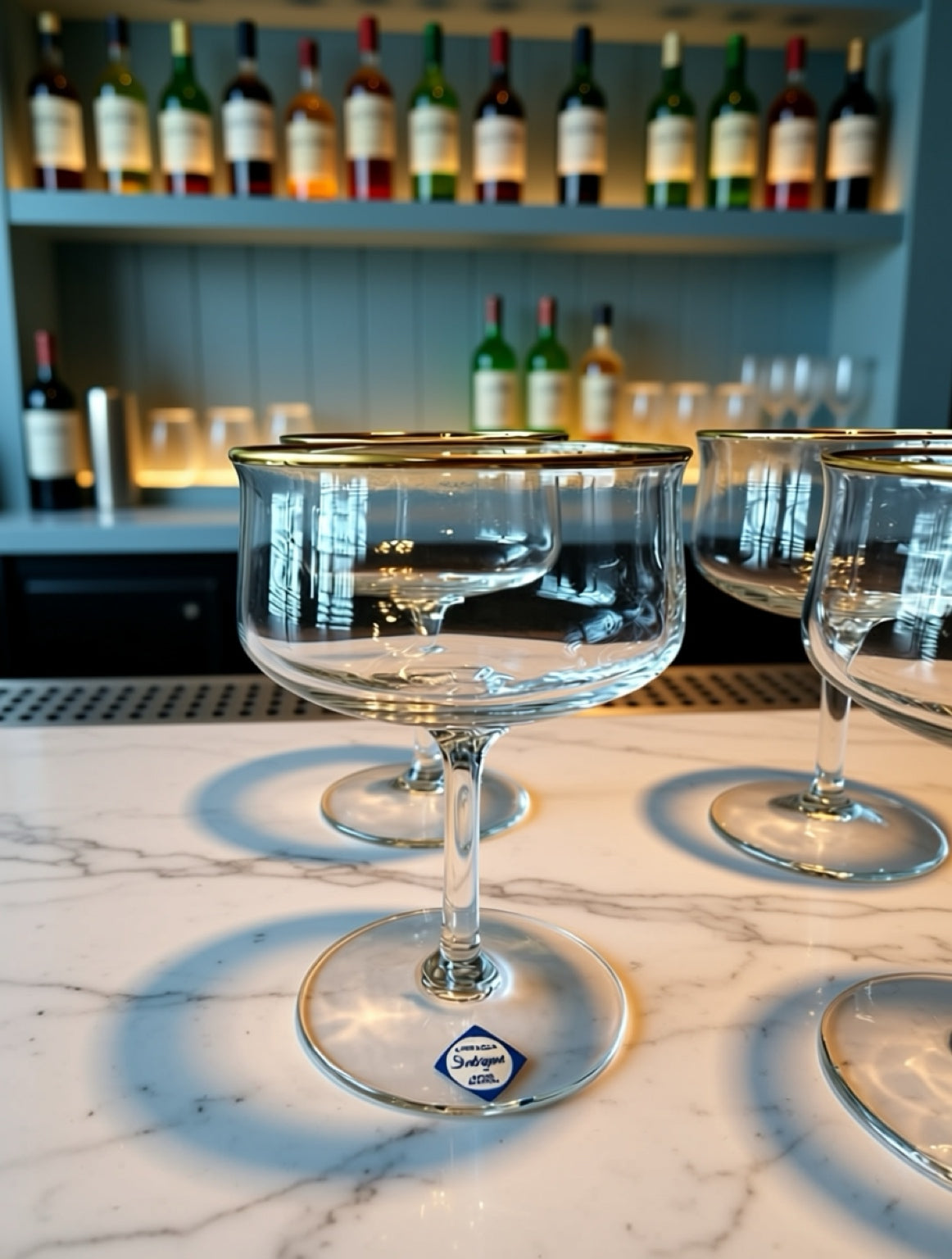 Lifestyle image of four mid-century modern vintage Lennox Coupé glass set in use in a bar setting