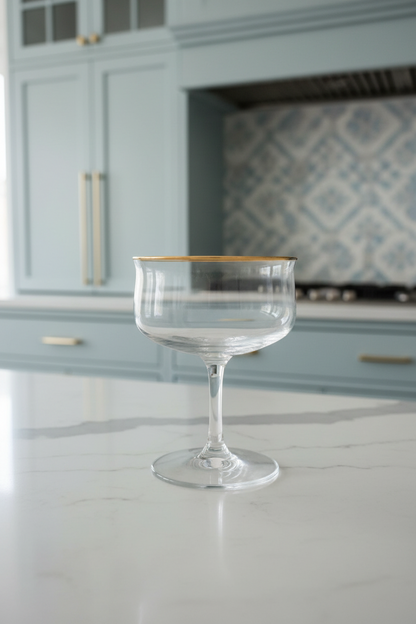 Vintage Lennox mid-century, modern coupe glass with gold rim and original label. Featured in a kitchen with light blue cabinets, marble countertops, and patterned tile backsplash.