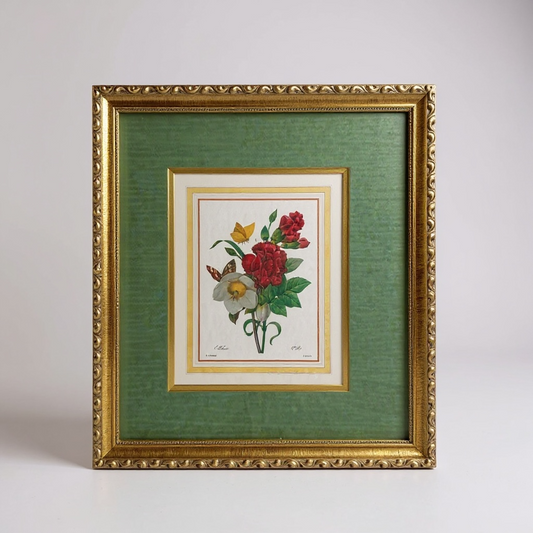 Framed Botanical Bouquet Art — Vintage Rose Study