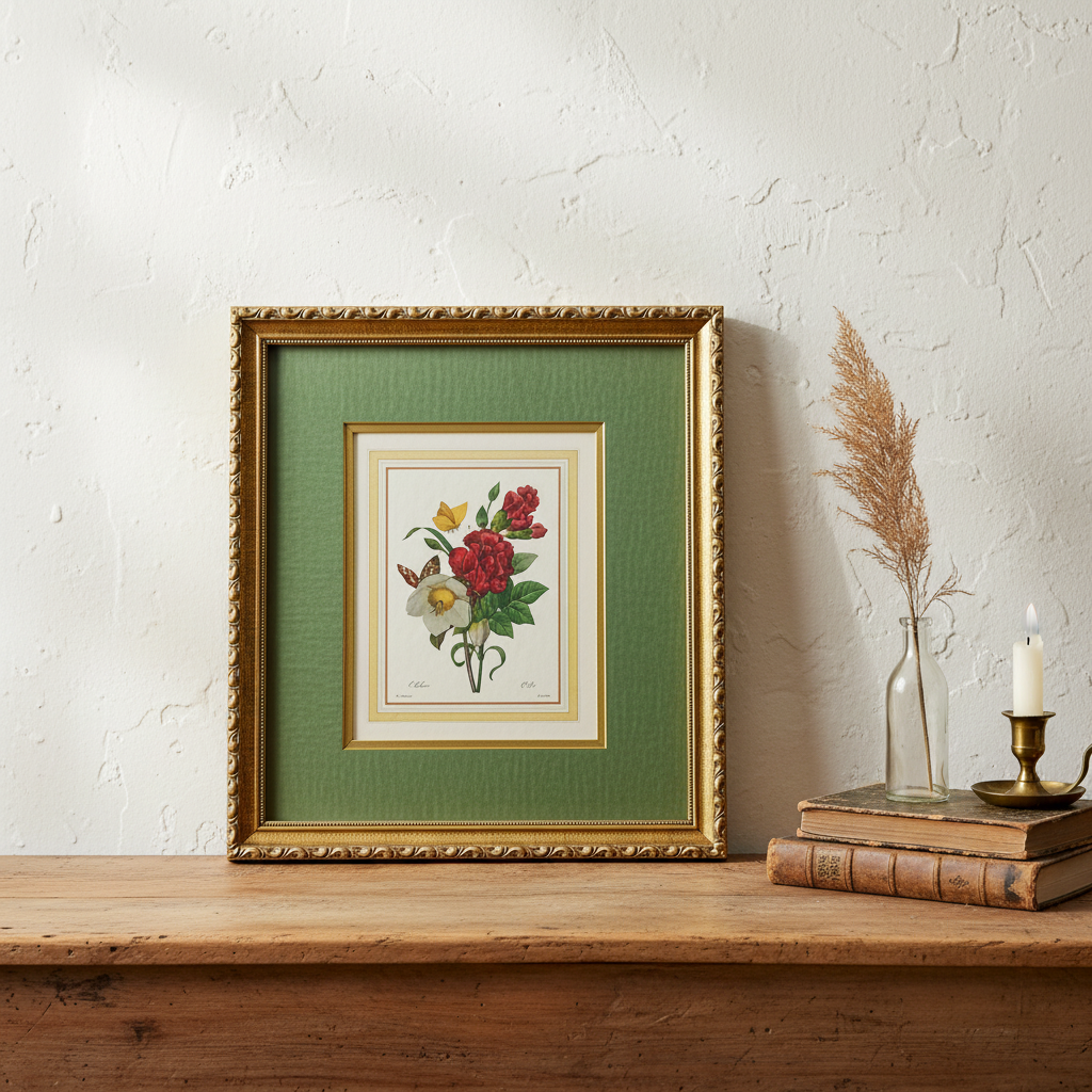 Lifestyle image of vintage floral framed art of roses sitting on antique wood table