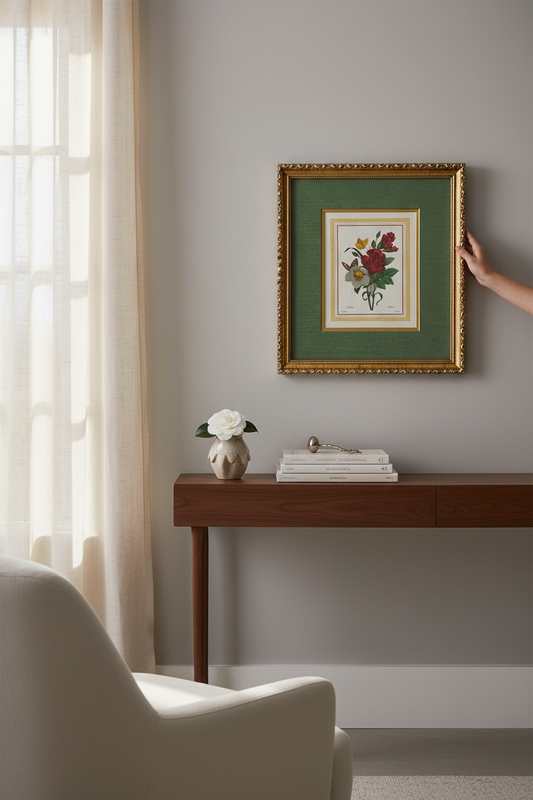Framed Botanical Bouquet Art — Vintage Rose Study