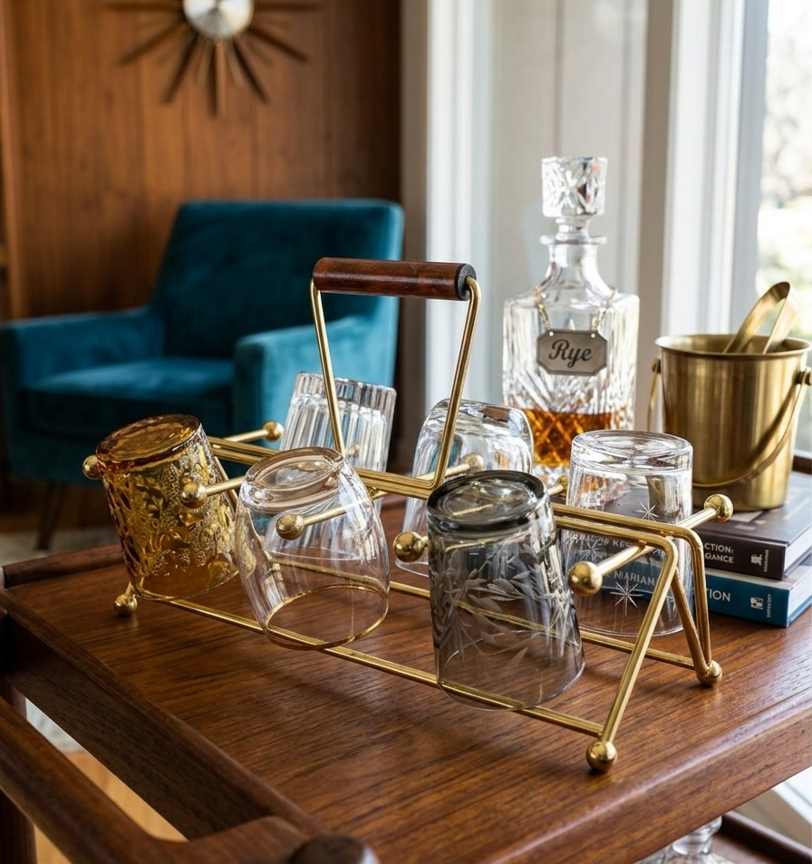 50ml drink glass caddy Mid-Century Modern Brass Atomic Beverage Caddy – Holds 8 Glasses