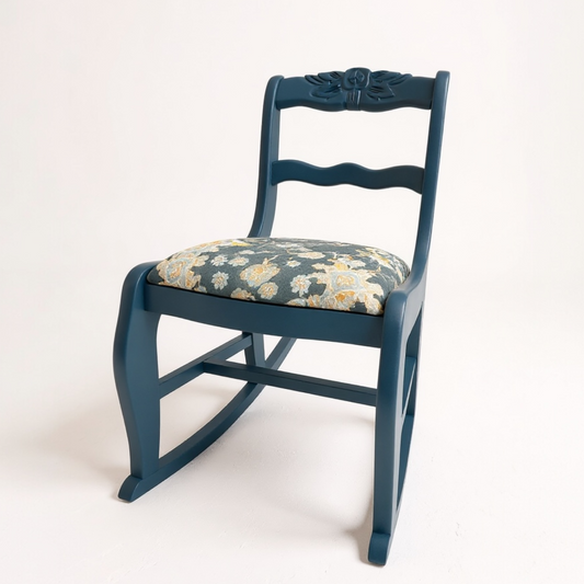 Vintage Blue Rocking Nursing Chair – Hand-Restored Mid-Century Wood Frame with Floral Upholstery