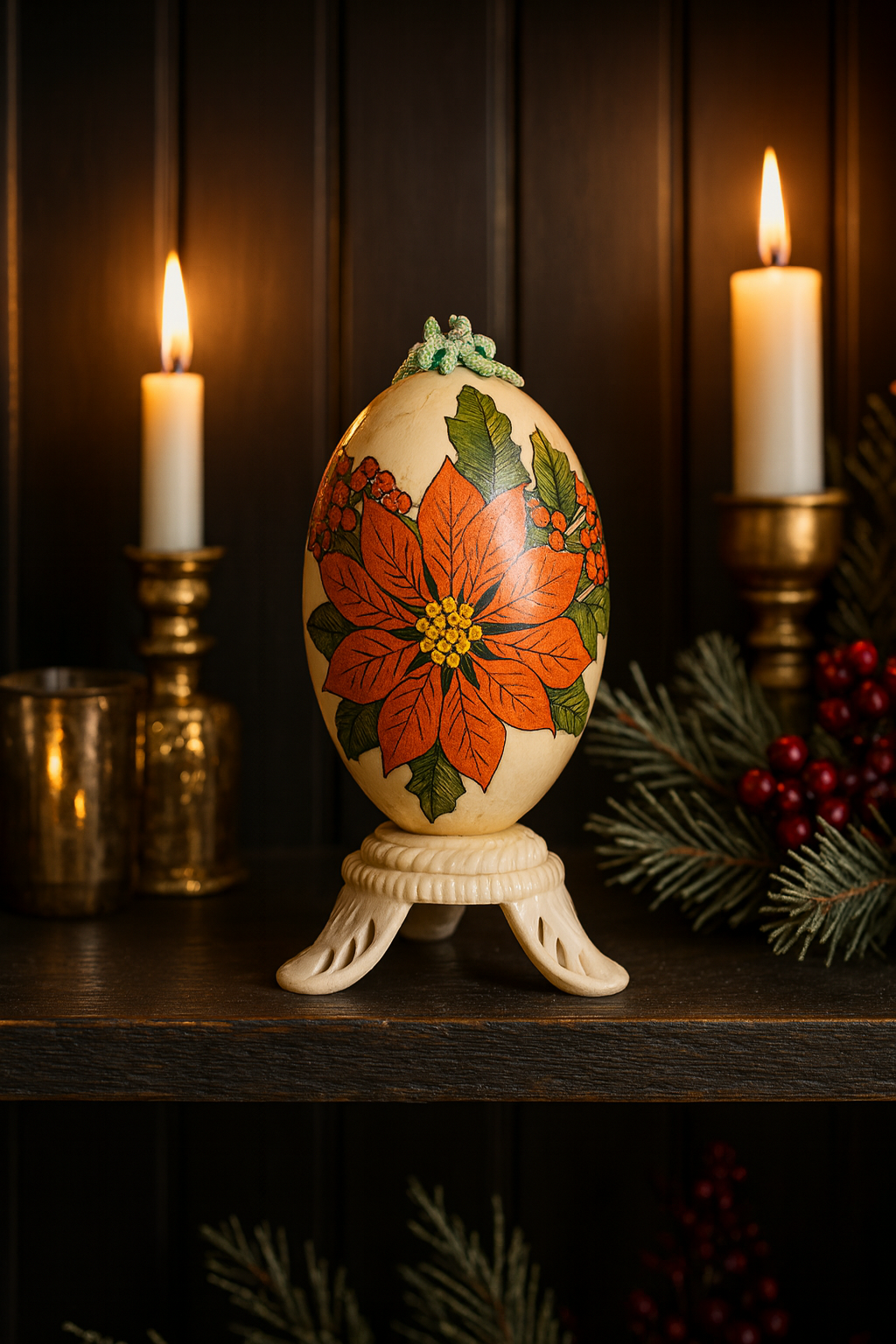 Decorative egg with floral design on a stand, surrounded by candles and greenery.