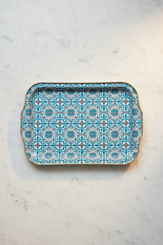 Top view of rectangular blue mosaic tile serving tray with gold trim made in Istanbul, 8.25 by 12.5 inches