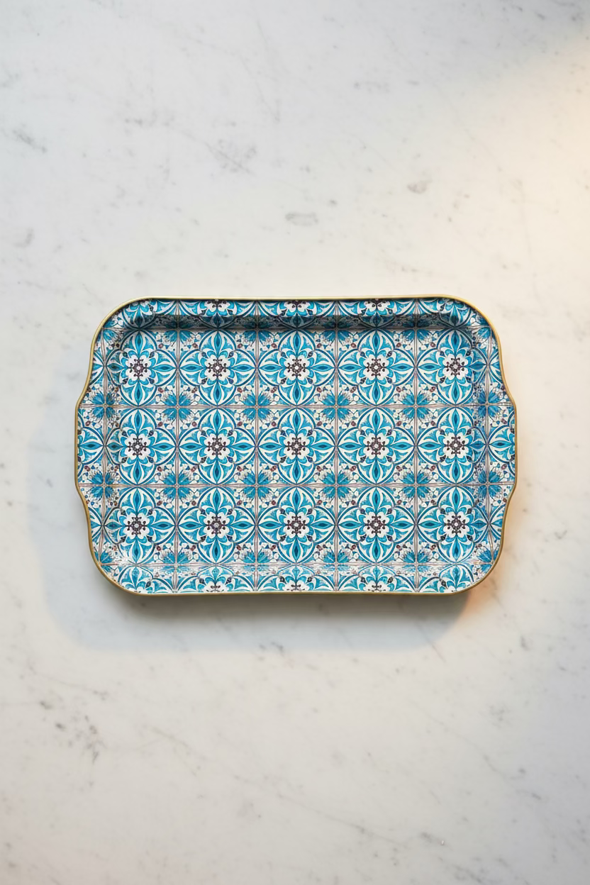 Top view of rectangular blue mosaic tile serving tray with gold trim made in Istanbul, 8.25 by 12.5 inches