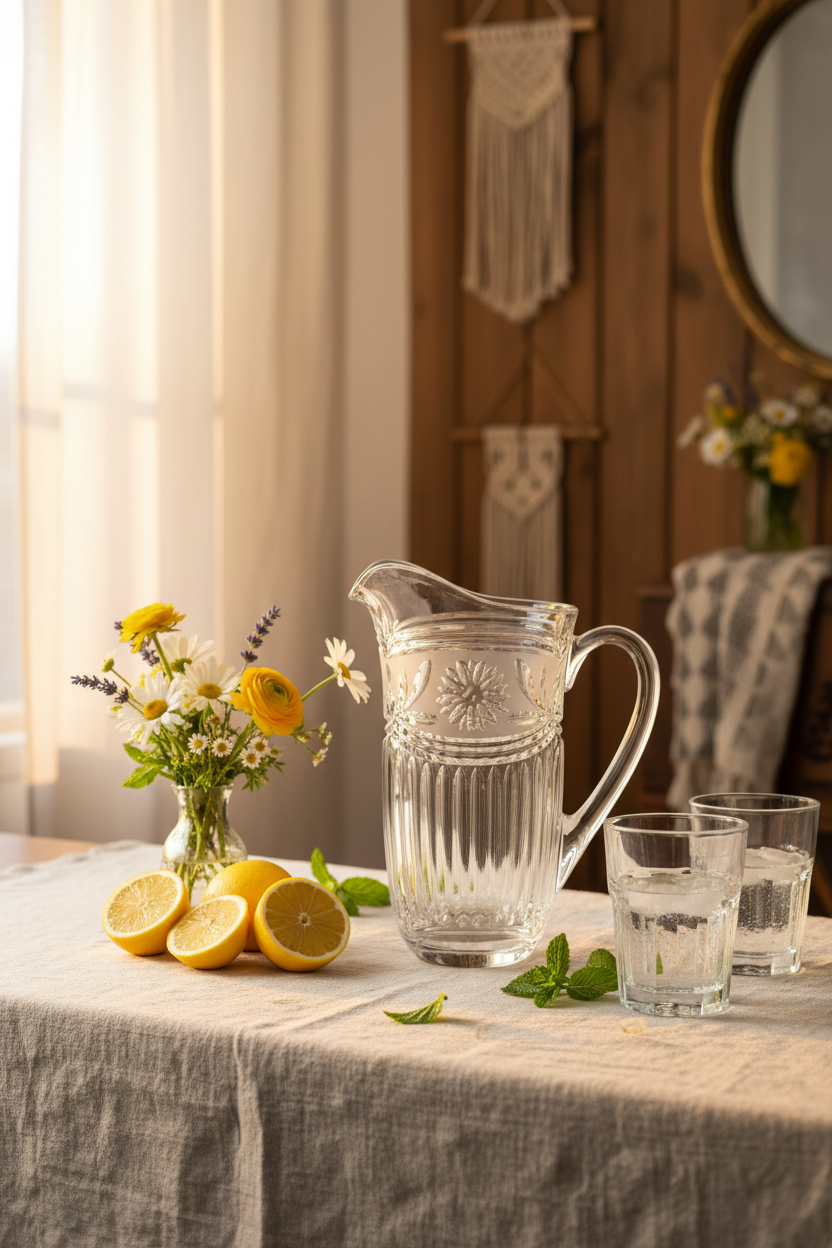 Vintage pressed glass pitcher showing handle side with frosted satin daisy band, ribbed fluted lower body, graceful pour spout with scalloped rim, and applied molded glass handle, three-quarter rear view on dark walnut surface