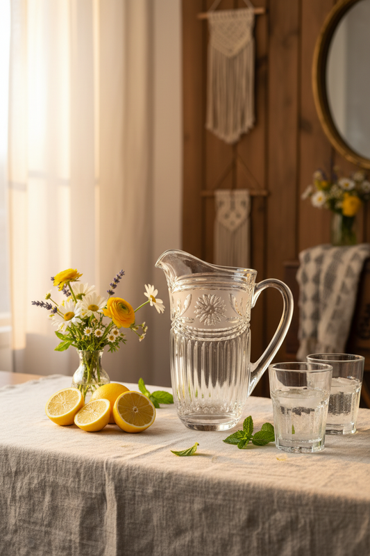 Vintage pressed glass pitcher showing handle side with frosted satin daisy band, ribbed fluted lower body, graceful pour spout with scalloped rim, and applied molded glass handle, three-quarter rear view on dark walnut surface