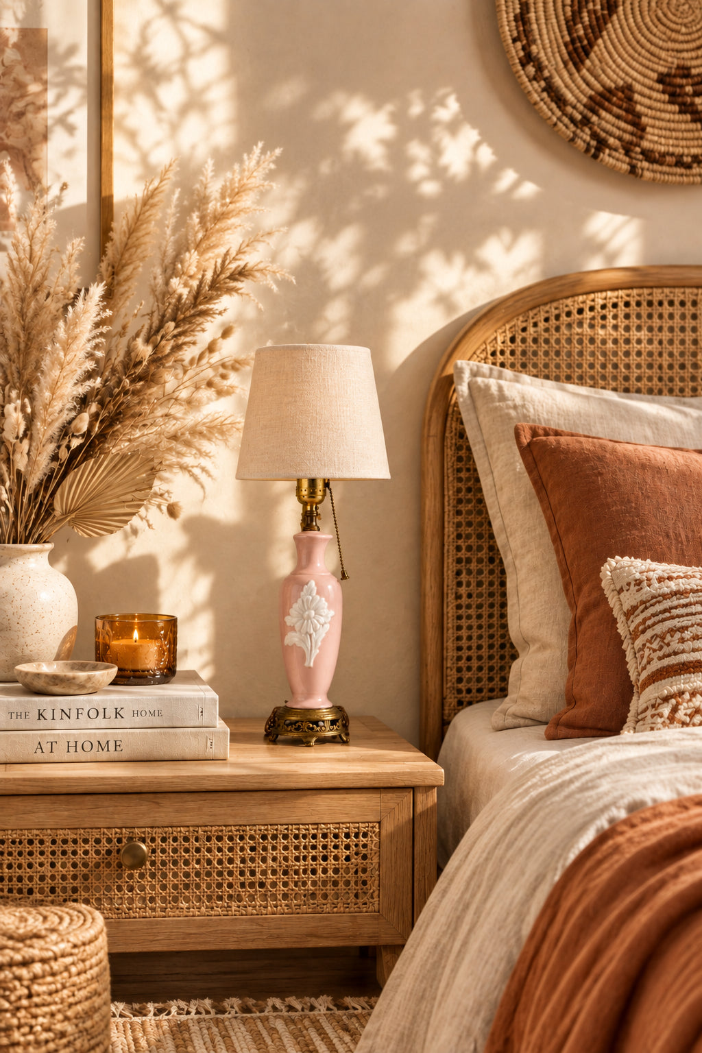 Full view of a vintage blush pink porcelain table lamp featuring a white relief flower motif, brass pull chain, and ornate brass footed base.