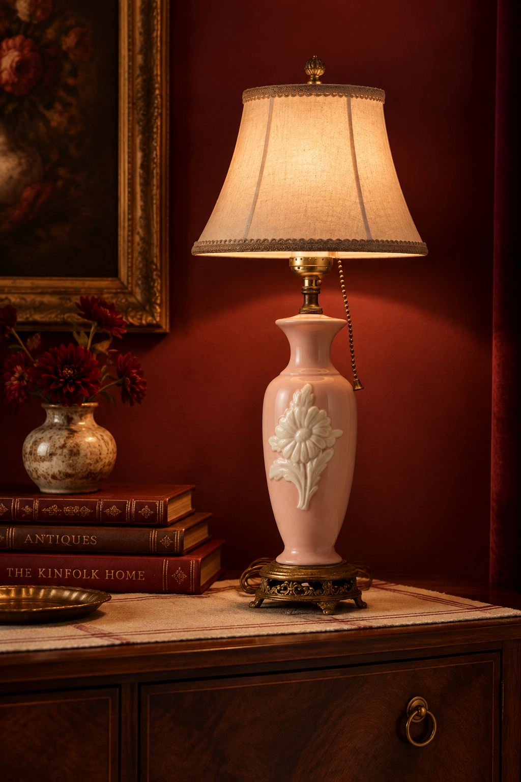 Vintage Blush Pink Ceramic Boudoir Lamp — White Floral Relief & Ornate Brass Filigree Base