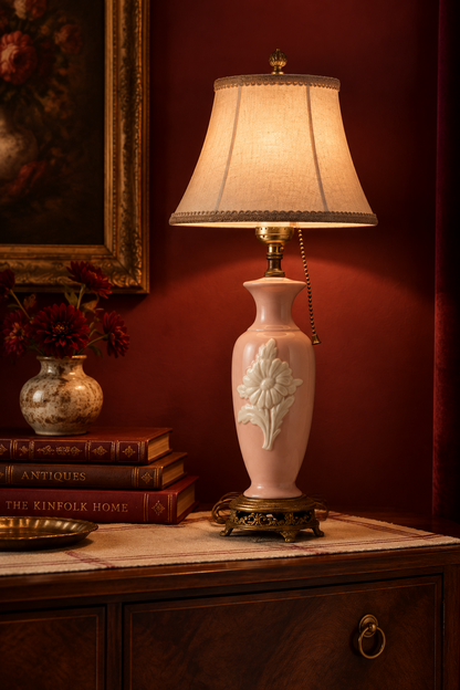 Vintage Blush Pink Ceramic Boudoir Lamp — White Floral Relief & Ornate Brass Filigree Base