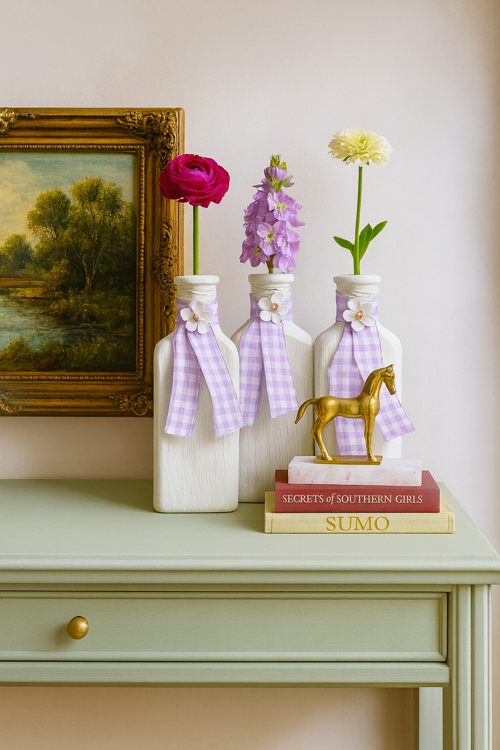 Three decorative vases with pastel flowers, adorned with lavender gingham ribbons, on a green table.