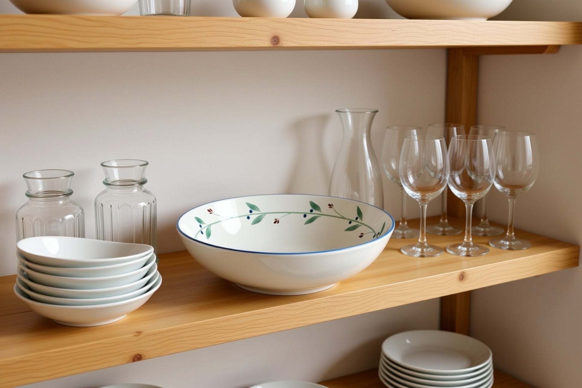 Dansk Portugal XL serving bowl with vine and berry rim design displayed on wooden kitchen shelf alongside wine glasses, white bowls, and glass jars in a curated home setting