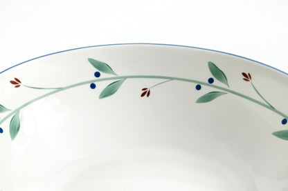 Detailed view of Dansk Portugal bowl rim with hand-painted green vine, blue berries, and red floral accents, bordered by thin blue line.